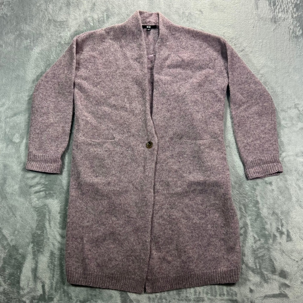 UNIQLO 100% Melange Wool Coat Womens XS Purple Long Cardigan Cozy Soft